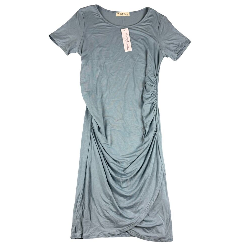 Hello Miz Maternity Dress Women's Medium Blue Ruched Stretchy Casual Twist Comfy